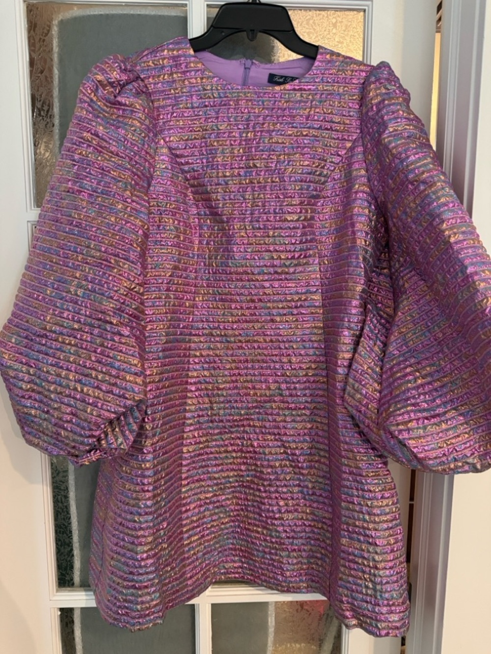 Purple Metallic Puff-Sleeve Midi Dress